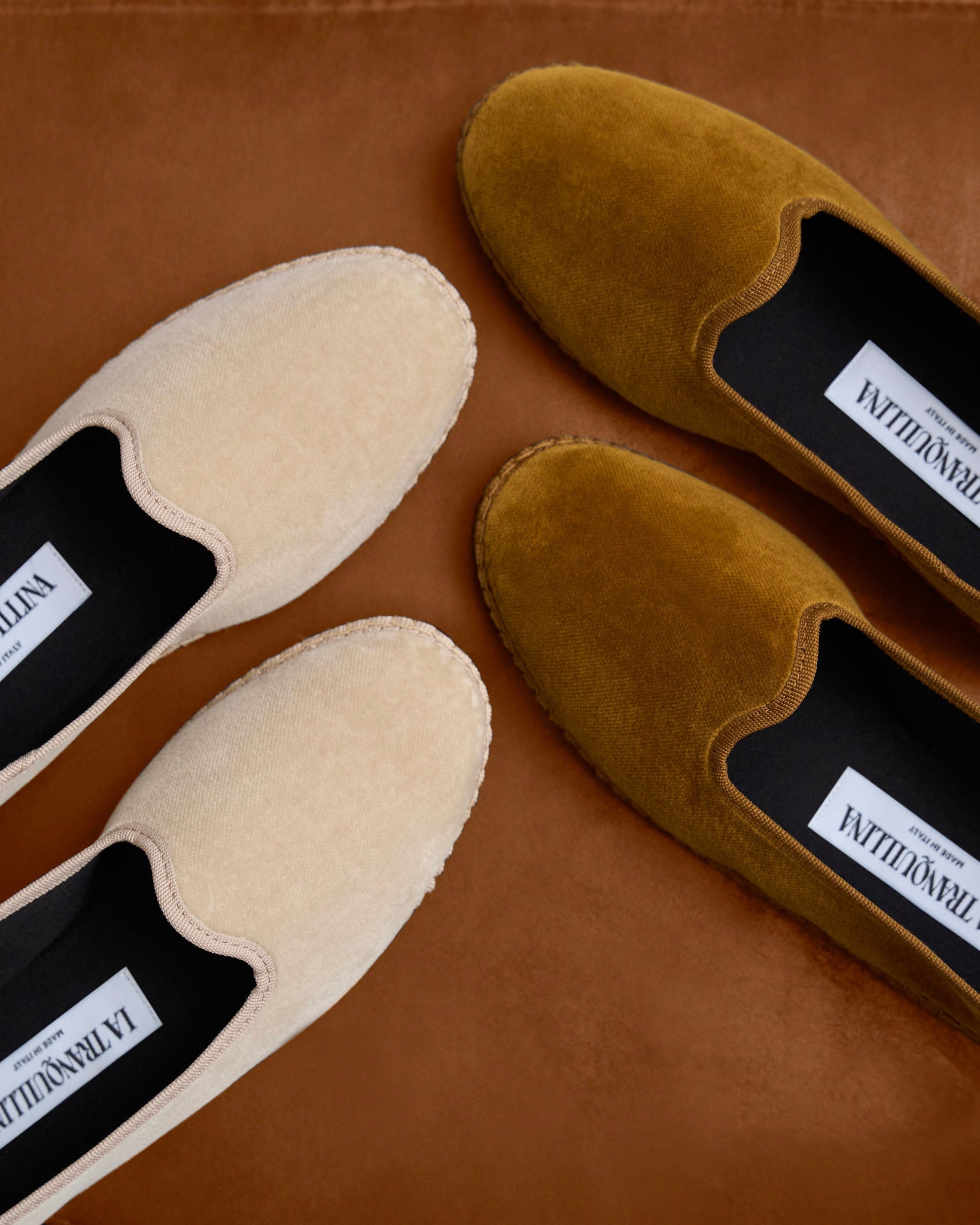 LA TRANQUILLINA Rialto beige cannella friulane shoes Venetian velvet slippers handmade in Italy