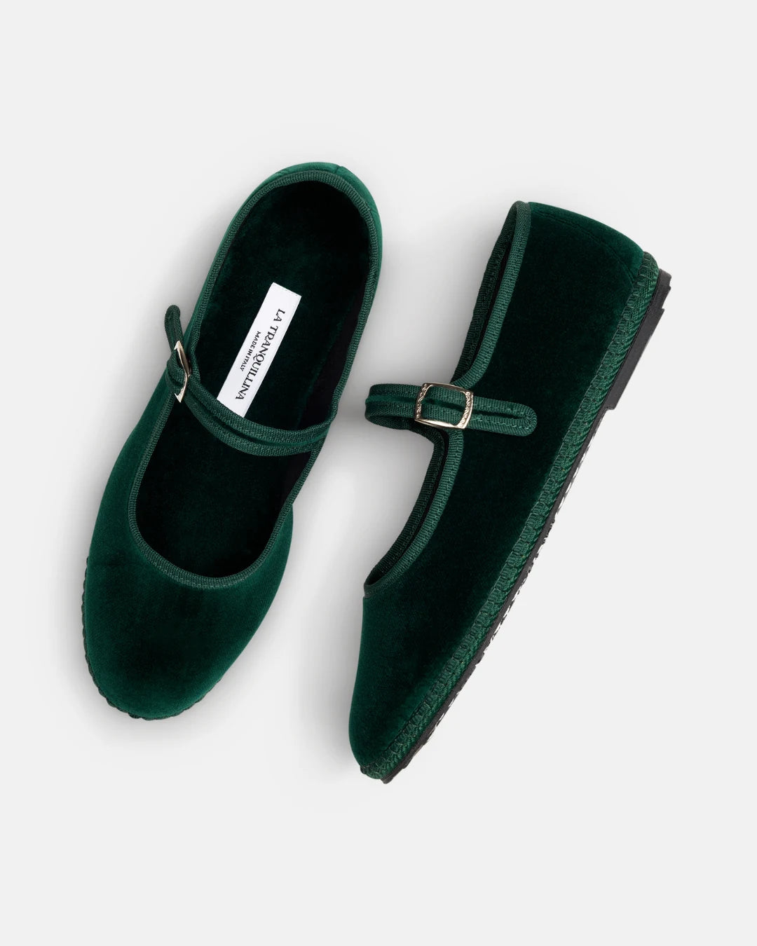 Green velvet Mary Jane friulane shoes by LA TRANQUILLINA, top view