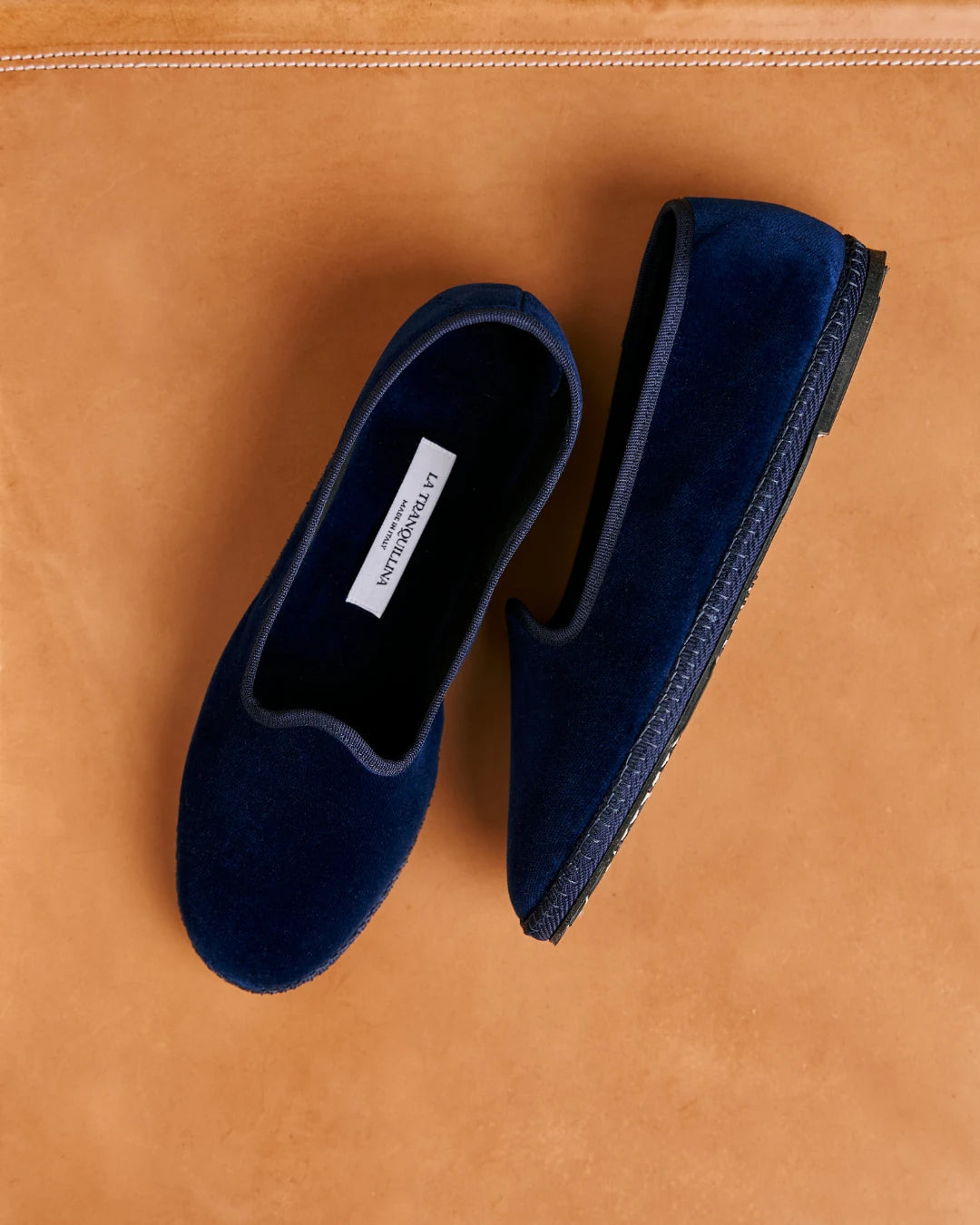 Blue velvet Rialto friulane shoes by LA TRANQUILLINA, top view