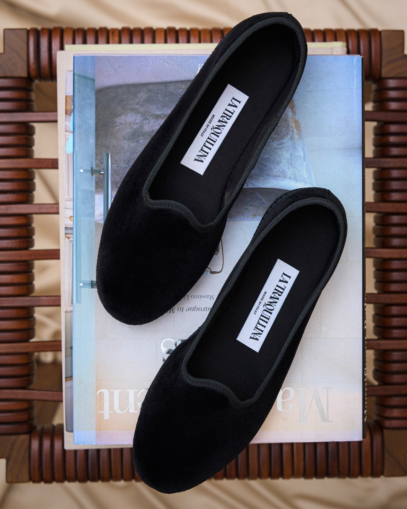 LA TRANQUILLINA furlane friulane nero black venetian slippers velvet pair handmade in Italy