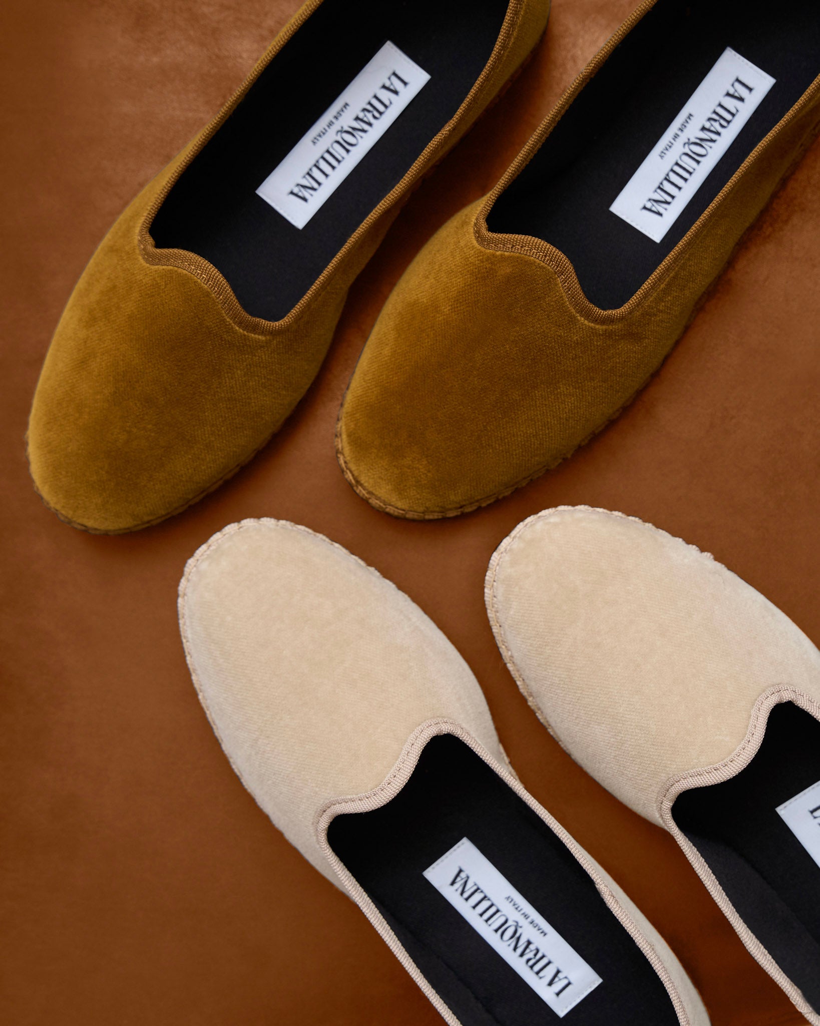 LA TRANQUILLINA Rialto beige cannella furlane shoes Venetian velvet slippers handmade in Italy