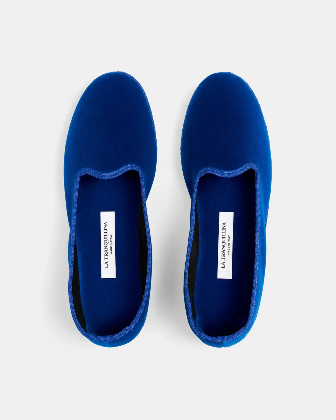 Blue velvet Rialto friulane shoes handmade in Italy, photographed from above with LA TRANQUILLINA label.