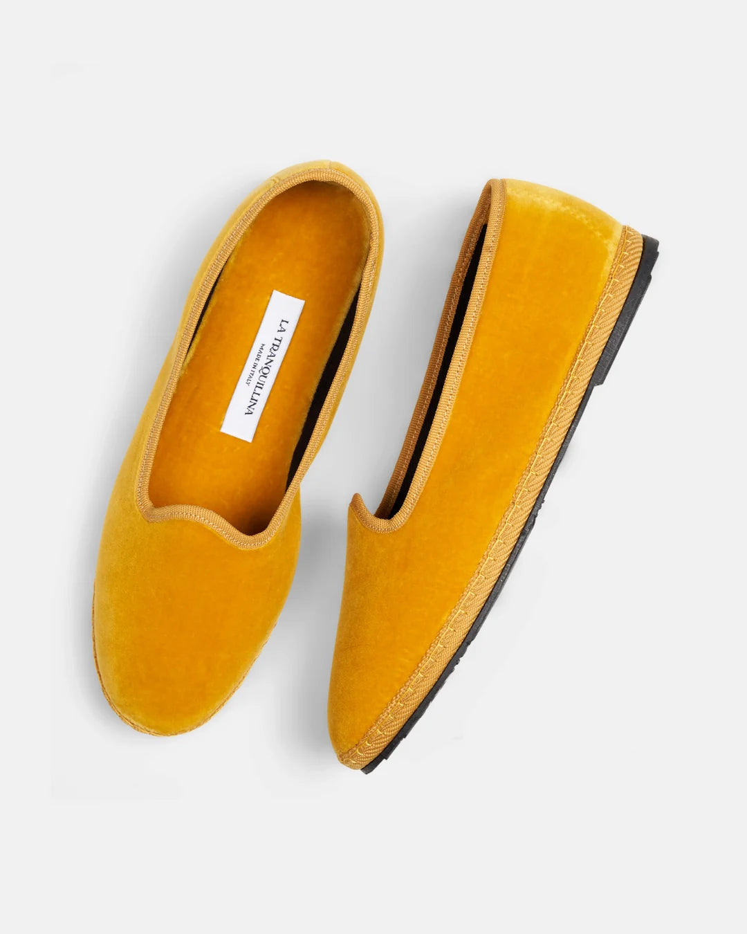 Ochre velvet Rialto friulane shoes handmade in Italy, photographed from above with LA TRANQUILLINA label.