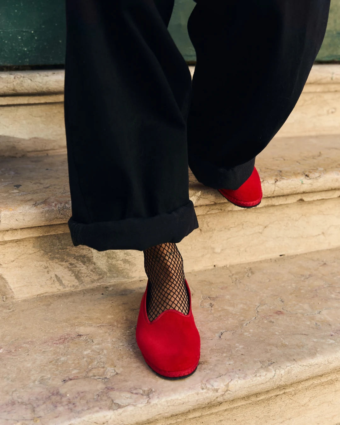 Red velvet Venetian friulane shoe by LA TRANQUILLINA, street style, hand-sewn sole and classic silhouette.