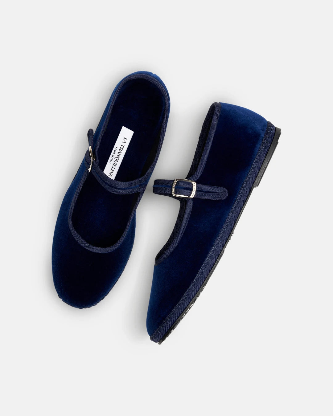 Blue velvet Mary Jane friulane shoes by LA TRANQUILLINA, top view