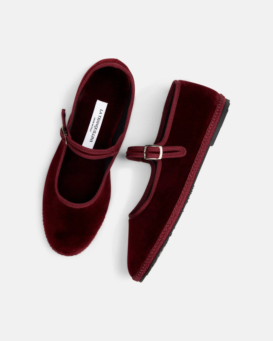 Bordeaux velvet Mary Jane friulane shoes by LA TRANQUILLINA, top view