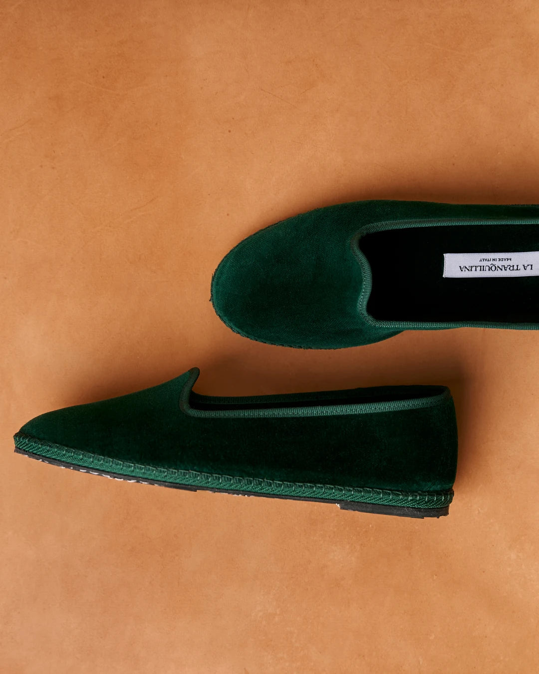 Green velvet Rialto friulane shoes by LA TRANQUILLINA, top view